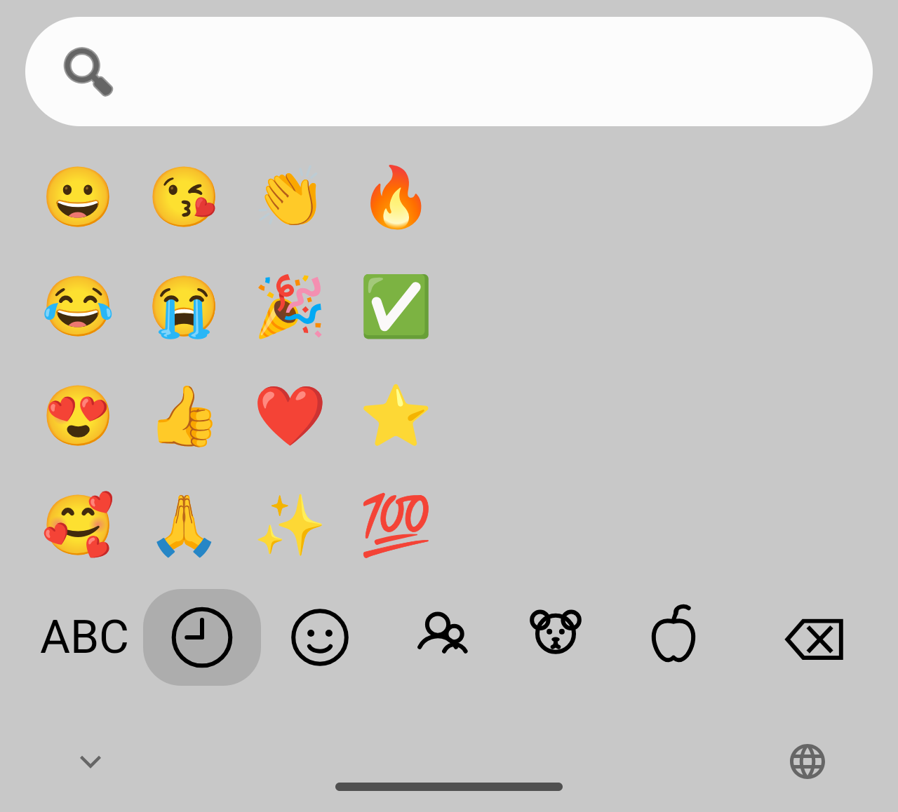 Android 萊姆輸入法 Emoji 面板，含搜尋列、Emoji 網格與底部分類列