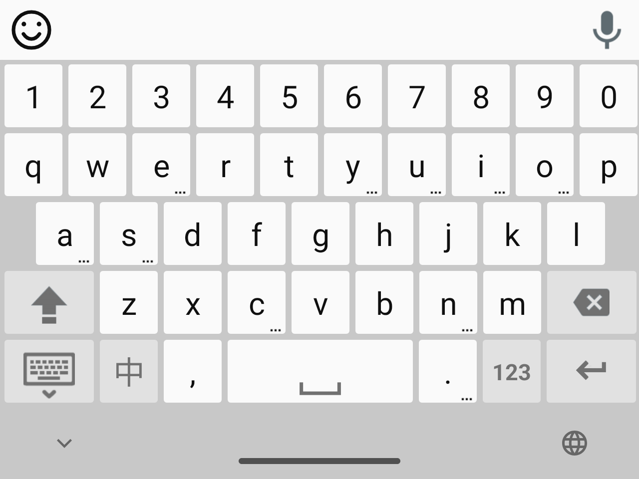 Android 萊姆輸入法英文鍵盤，顯示可切回中文的中鍵