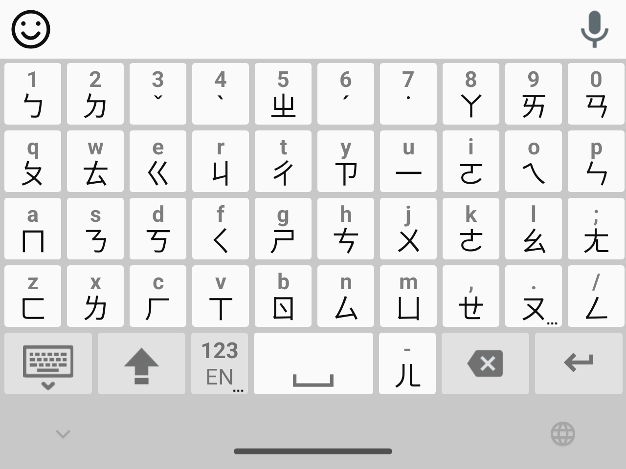 Android 萊姆輸入法注音鍵盤，上方為候選列，下方為鍵盤區