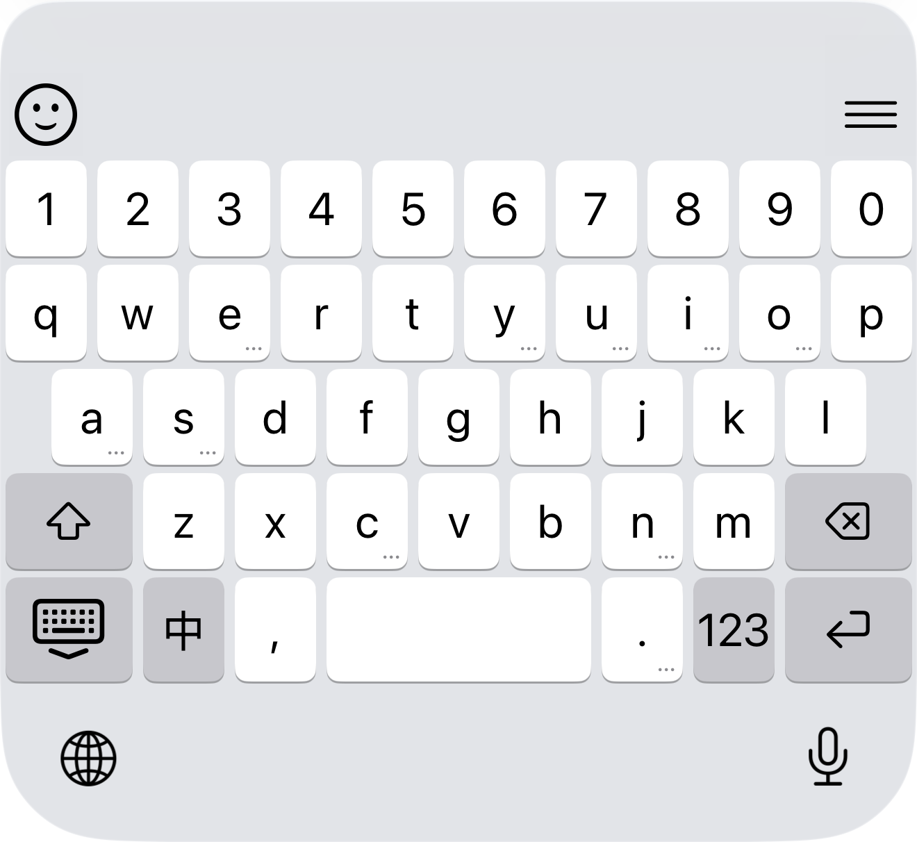 iOS 萊姆輸入法英文鍵盤，顯示可切回中文的中鍵