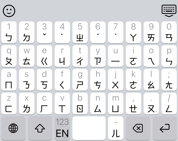 舊版 iPhone（Home 鍵）萊姆輸入法注音鍵盤，右上角為鍵盤收合鍵